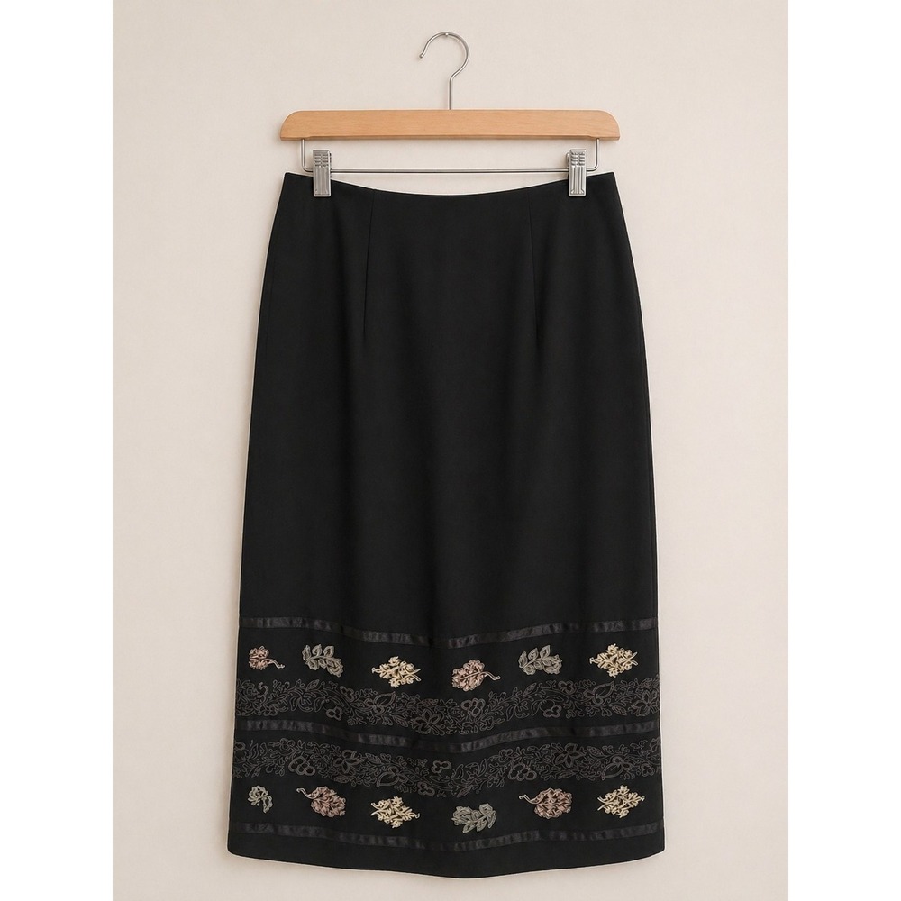 NWT Sag Harbor Black Embroidered Midi Skirt Womens 8 Modest Office Cottagecore - Picture 2 of 10
